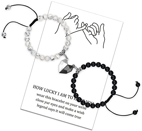 LUOKIFUR Hjärta magnetarmband för par justerbar pärla magnetiskt armband kvinnor matt stenarmband för flickvän vän älskare gåva, 17.98 cm, Metall