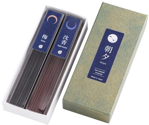 Asayu japanska rökelsepinnar med låg rökelse, naturdoftset (plommon och agarwood), tillverkad i Japan, 40 gr kvalitetsvariationer för avkoppling, naturligt material, multipack - natur (plommon och