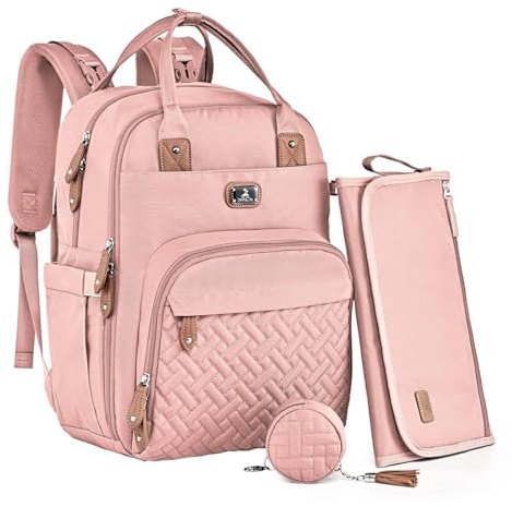 Dikaslon Sac a Langer Bebe, Sac à Langer à Dos Grande Capacité 18 Poches, Polysteer Déperlant, Tapis à Langer, Porte Tétine, Sangles Intégrées Poussette – Sorties Faciles (Rose)