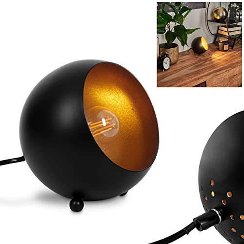 Tischleuchte Hajo, moderne Nachttischlampe aus Metal in Schwarz/Goldfarben, Tischlampe 1-flammig im Retro/Vintage-Design, 1 x E14, Ø 15 cm, Leucht m. An-/Ausschalter am Kabel, ohne Leuchtmittel