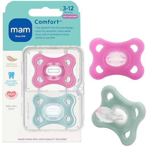 MAM Comfort Baby Pacifier 3-12 Mths Lightweight One-Piece Silicone 2 Pack