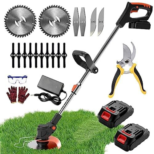 Gonpmny Strimmer, Cordless Strimmer with 2 Battery and UK Charger, Garden Strimmer with Blades, Grass Ttrimmer, Brush Cutter, Length Adjustable, Suitable for Home Gardens and Lawns