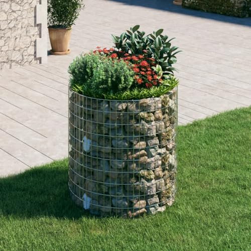 Baziroo Fioriera rialzata rotonda in acciaio zincato, 100 x 100 cm, colore argento, vaso da giardino, cestino per gabbioni, fioriera rialzata, in metallo