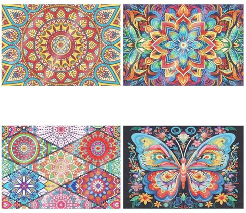 CXINLky Diamond Painting Set di tovagliette in legno con isolamento termico, con mandala e diamante, rotonde, con scaffalatura, per sala da pranzo, terrazza, tavolo, 4 pezzi