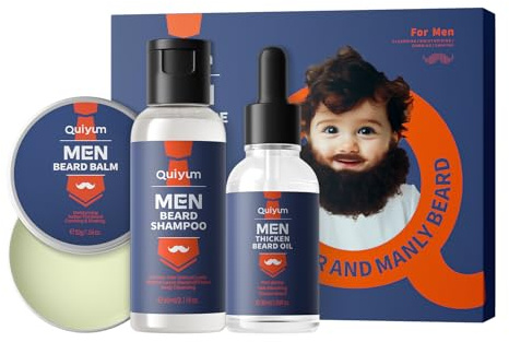 QUIYUM Conjunto para el cuidado de la barba masculina, para el cuidado de la barba, con champú, aceite para barba, bálsamo para barba, conjunto regalo para novio, marido, padre