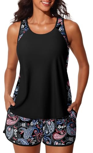 Summer Mae Blouson Tankini Swimsuits for Women 2026 Tummy Control Two Piece Bathing Suits with Sporty Pockets Swim Shorts Black Paisley Size 16