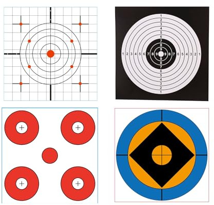 100 cibles assorties 14 x 14 cm en carton 250 g pour tir à l'air comprimé et airsoft - 4 dessins (25 unités par modèle) - cibles de ponctuation et modèles techniques pour entraînement de précision