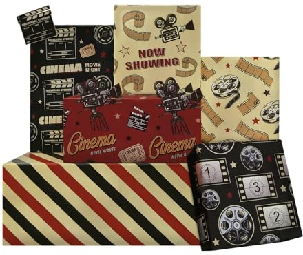 Set di 6 fogli di carta da regalo per cinema, 50 x 70 cm, motivo cinema, cinema classico, biglietti per il cinema, per compleanno, amanti del cinema