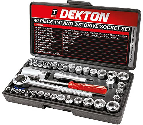 Dekton 40-Piece Drive Socket Set | Includes Ratchet Handle, Extension Bar, Adaptor and Metric & Imperial Sockets | Features Spark Plug & Spline Sockets with | Ideal for Versatile Applications