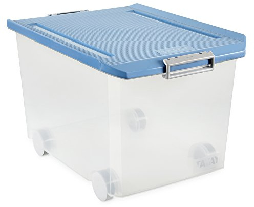 TATAY Multipurpose storage box with lid, 60L capacity, with wheels, BPA-free polypropylene plastic, transparent with blue lid. Sizes40x56,5x36,2 cm
