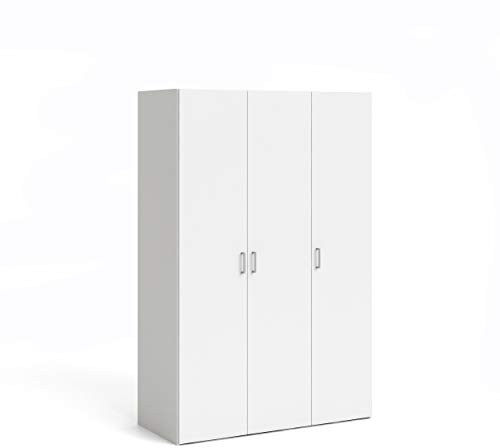 Dmora - Armario ropero de Tres Puertas batientes con Cuatro estantes Interiores y Barra Perchero Color Blanco, 115 x 175 x 49 cm