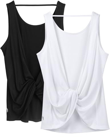 icyzone Damen Sport Tank Top Rückenfrei, Fitness Yoga Shirt Ärmellose Gym Sport Oberteil, 2er Pack (S, Black*/White*)