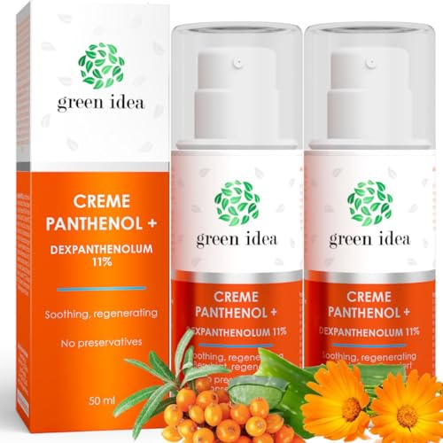 Green idea Panthenol Ansiktskräm 2x 50 ML - 11% Panthenol | Hög Halt av Dexpantenol – För Torr och Problematisk Hud | Aloe Vera, Ringblomma, Havtornsolja, Avokadoolja | Aftersun-vård | Eksemvård