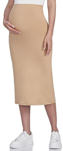 POSHDIVAH Women's Maternity Skirt Over The Belly Midi High Waisted Solid Stretchy Pregnancy Pencil Skirt Khaki Medium