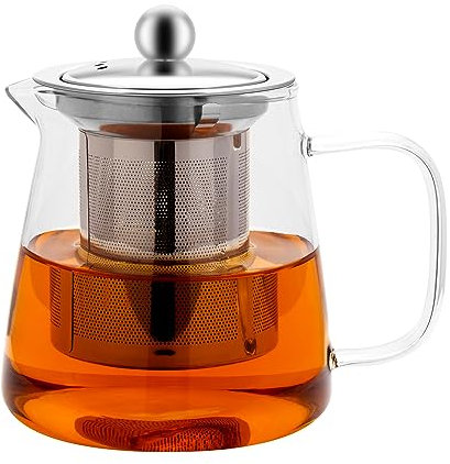 Honneeo Glass Teapots 430ml Borosilicate Glass Tea Pots with Infuser, Stovetop Safe Tea Kettle with 304 Stainless Still Strainer for Loose Leaf Herbal Fruit Tea (430ml Teapot)
