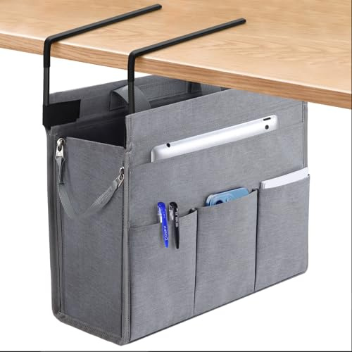 MASTLU Sac de rangement à suspendre sous le bureau, pour magazines et fichiers, compatible avec les fichiers A4, poignée amovible, pas de montage nécessaire, pour bureau, maison, école (gris)