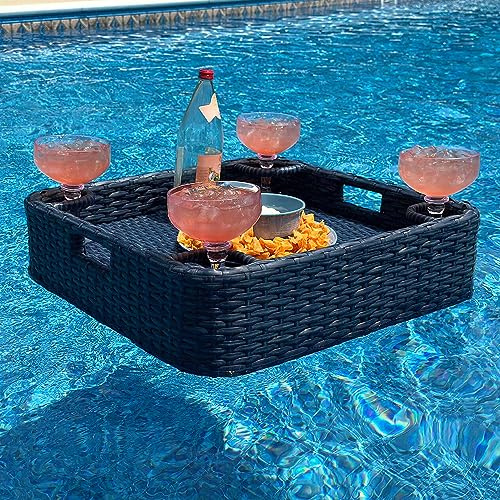 Sunjoy Wicker Floating Tray 24x24 in. Aluminum Frame Swimming Floating Serving Tray for Drinks, Snacks, and Essentials - Fits Most Pool Sizes - Perfect for Pool Parties and Relaxing, Navy
