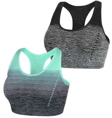 Sykooria Dam sport-BH vadderad bustier, dambehå utan bygel, racerback, push-up bh med färggradient, sporttopp för yoga, fitness, Svart + grön, M