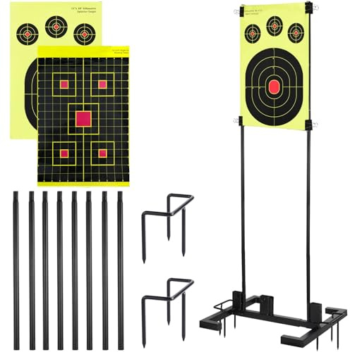 Shooting Target Stand Set, Adjustable Shooting Target Stand with 10pcs Paper Targets, Two Mounting Options for Outdoors, Stable Paper Holder with Metal Poles and Ground Nails (Black)