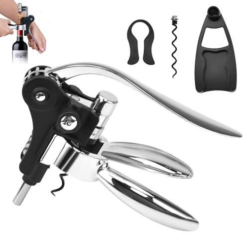 FTISSLY Apribottiglie per Vino Manuale,Cavatappi Manuale a Leva 4 In 1 Set,Cavatappi Professionale,Apribottiglie Manuale Strumento di Apertura Rapida del Vino per Versatore di Vino