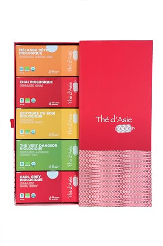 Khla - Coffret de Thés Bio - 100 infusettes - Thés d'Asie - Angkor, Chaï, Earl Grey, Senteurs du Soir et Détox - Coffret Cadeau Noël Sachet de Thés, Infusions