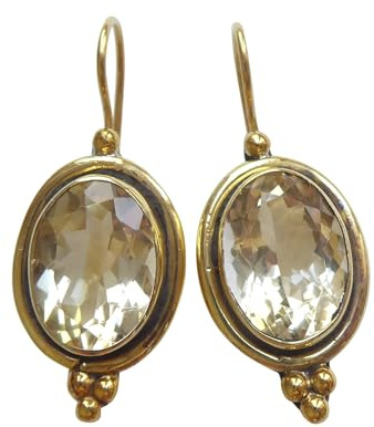 Ovale große Citrin-Ohrringe beige-gelb facettiert Hänger Haken verschließbar Silber vergoldet Handarbeit Unikat Italien Vintage Retro elegant