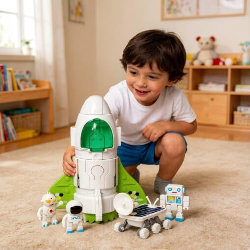 Yosamy Spaceship Toy for Boys, Space Shuttle Toys with Lights&Sound, 3 Astronauts Figure, Openable Cockpit, Spray Exhaust, Astro Venture Space Playset with Lunar Car (Green)
