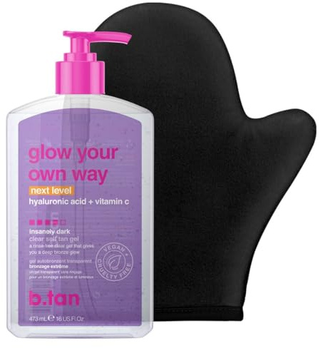b.tan Dark Clear Self Tanning Gel with Mitt Kit | Glow Your Own Way Next Level Bundle - Quick Express Tanner Insanely Dark Gel for Face and Body with Applicator, Transfer-Proof, 16 Fl Oz