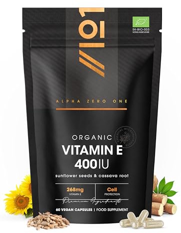 Organic Vitamin E 400IU – Plant Based from Sunflower Seed Oil & Cassava Root – 60 Vegan Capsules – Resealable and Recyclable Pouch by Alpha01