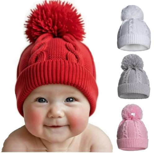 OnlyBee Baby Boys Girls Cable Knitted Winter Warm Bobble Hat Newborn to 12 Months Assorted Colours (UK, Age, 0 Months, 12 Months, Red)