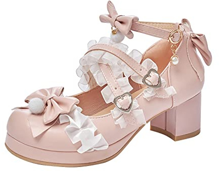Scarpe per bambini per ragazze Pumps: scarpe da principessa Mary Jane scarpe con tacco Kawaii Lolita scarpe tacchi alti per cosplay party festivo plateau scarpe da sera con fiocco, Rosa2, 38 EU