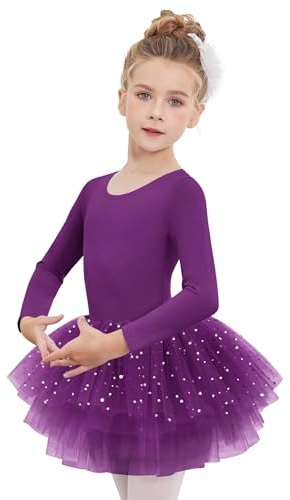 Arshiner Vestido de Tutú de Ballet para Niñas Malla de Manga Larga Traje de Baile de 4 Capas con Falda Brillante Traje de Ballet, Ropa de Baile para Edades de 2 a 11 años