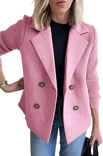 CHARTOU Women's Cropped Wool Blend Coat Fall Knit Sweater Blazer Notch Lapel Double Breasted Pea Coat Jacket (X-Small, Pink)