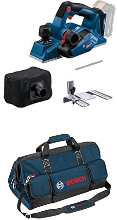 Bosch Professional 18V System rabot sans-fil GHO 18V-26 (moteur sans charbon, avec sac à poussière, butée parallèle, 1 fer réversible Wood Razor) + Bosch Professional sac à outils taille L