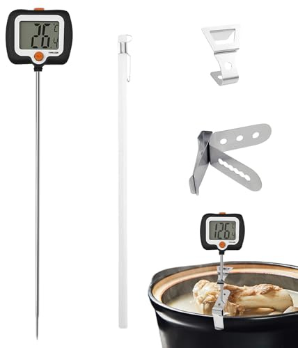 Tuxuseo Medidor de temperatura de cocción, medidor de cocina con sonda larga y clip para olla, termómetro digital de azúcar con pantalla giratoria, para restaurante, exterior, freír, cocinar, barbacoa