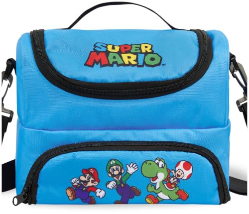 Get Trend Super Mario Bolsa Termica Porta Alimentos, Lunch Bag Infantil Para Fiambrera, con 2 Compartimentos, Asa, Correa Ajustable Para Colegio y Picnic, Bolsa Nevera, Regalo Niños (Azul/Multi Mario)