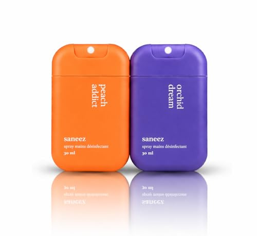 ot de 2 Sprays Mains Désinfectants 30 ml – Format Pocket – Sans Rinçage – Parfum (Peach/Orchid/Sakura/Monoï) – Gel Hydroalcoolique Portable – Idéal Sac, Voyage & Quotidien