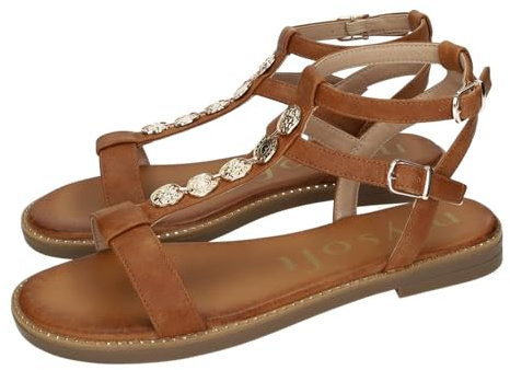 mysoft 26M030 Calzado Romano Camel con Doble Hebilla, Detalles Dorados, Plantilla cómoda y Suela Antideslizante Verano Mujer Sandalias Naturale 36