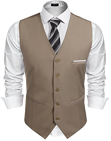 COOFANDY Chaleco de traje para hombre, cuello en V, formal, para boda, clásico, ajustado, elegante, chaleco de fiesta de negocios, camel, M