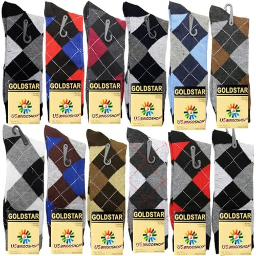 USBingoshop Mens Men Cotton Dress Socks Fun Colorful Fashion Stretchable Classic Comfort Mid Calf Crew Socks 10-13(10-13, Argyle Pack of 12)