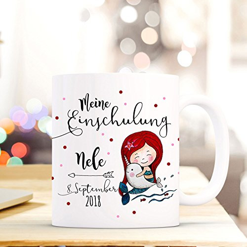ilka parey wandtattoo-welt Tasse Becher Einschulung mit Meerjungfrau Punkte Spruch Wunschnamen und Datum Kinderbecher Geschenk ts692