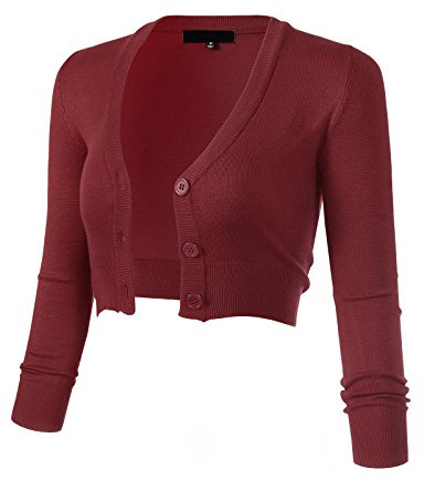 Allsense Women's 3/4 Sleeve Cropped Bolero Shrug Button Down Cardigan Sweater Lightweight Knit, Burgundy, M