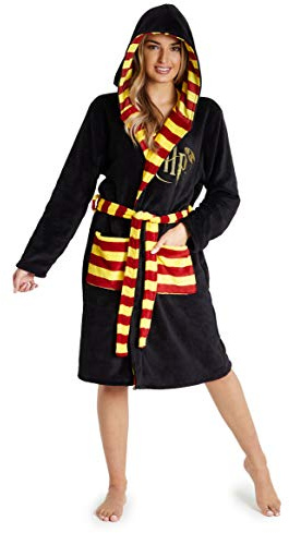 Harry Potter Robe De Chambre Homme Ou Femme En Polaire Douce, Peignoir Gryffondor En Pilou Avec Capuche De Magicien Taille Adulte Unisexe S, M, L Et XL (Noir, S)