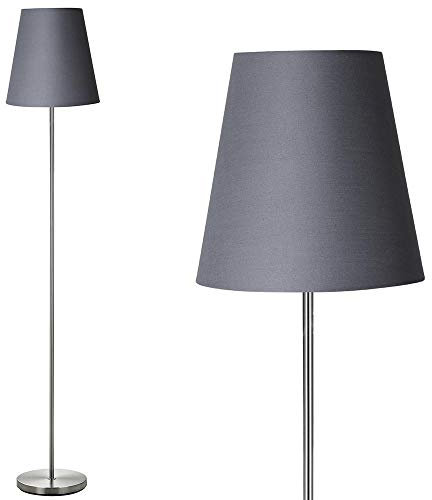 BAKAJI Lampada Piantana da Terra Luce Lampadina E27 Max 60W Base Rotonda in Metallo Cromato Paralume in Tessuto Design Moderno Accensione a Pedale Altezza 150cm (Grigio)