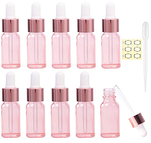 Alledomain 10Pcs, 5ml Rose Gold Glass Bottles with Dropper Pipettes, Mini Empty Dropper Bottles Rose Gold Metal Cap Refillable Sample Container for Essential Oil/Aromatherapy Blends/Chemical Liquid