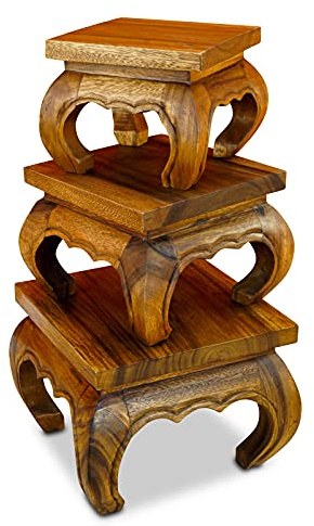 3er Set Opiumtische - Akazie Massivholz Beistelltisch - Blumenpodest in verschiedenen Größen (Braun, Set)