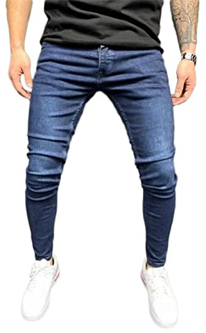 Osheoiso Herren Destroyed Jeans Biker Hose Herren Löcher Lang Jeans Denim Hose Vintage Männer Zerrissen Jeanshose Skinny Jeanshosen Bleistifthose Slim Fit B Dunkelblau L