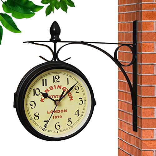 smashing Reloj de doble cara para exteriores, colgante de doble cara, estilo europeo simple, fácil de leer, reloj de estación de dos caras para jardín, decoración del hogar, interior, exterior