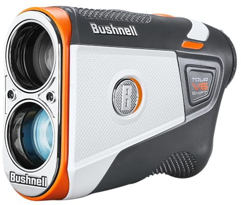 Bushnell Golf Tour V6 Shift Laser Rangefinder with Slope Compensation, 1300-Yard Range, Flag Lock Vibration, Magnetic Cart Mount, 6X Magnification, Waterproof – Tournament Legal (Orange, Patriot Pack)
