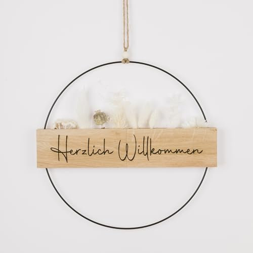 Türkranz Haustür mit Trockenblumen I Dekokranz ganzjährig I Willkommenskranz mit Herzlich Willkommen graviert I Türdekoration außen & innen I personalisierbar (Trockenblumen Weiss)